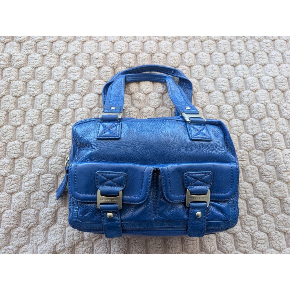 Michael Kors Royal Blue Patent Leather Ranger Satchel Purse Large Silver Y2K